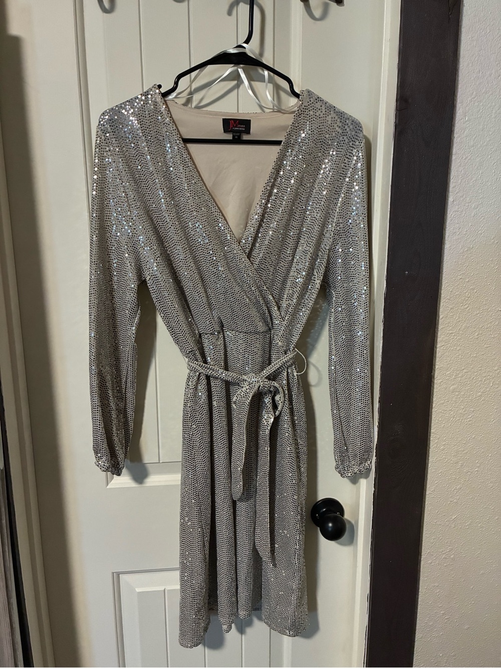 Women's Silver Sequin Wrap Dress with Waist Tie - Long Sleeve